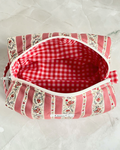 Coral Pink Vintage Floral Stripe Travel Makeup Bag — Premium Japanese Cotton — Handmade in England UK