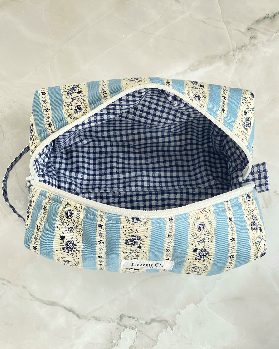 Sky Blue and Cream Vintage Floral Stripe Travel Makeup Bag - Premium Japanese Cotton