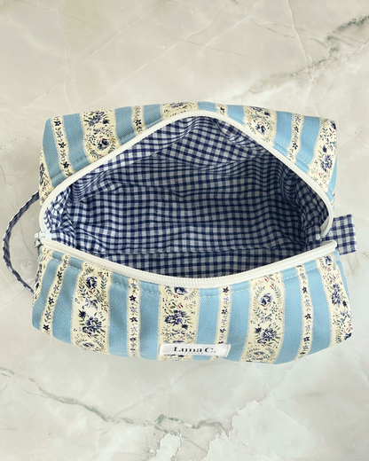 Sky Blue and Cream Vintage Floral Stripe Travel Makeup Bag - Premium Japanese Cotton