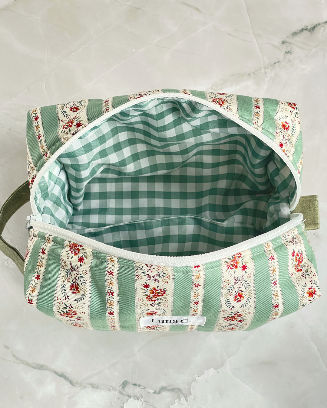 Sage Green and Cream Vintage Floral Stripe Travel Makeup Bag - Premium Japanese Cotton