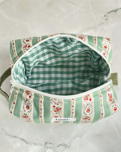 Sage Green and Cream Vintage Floral Stripe Travel Makeup Bag - Premium Japanese Cotton