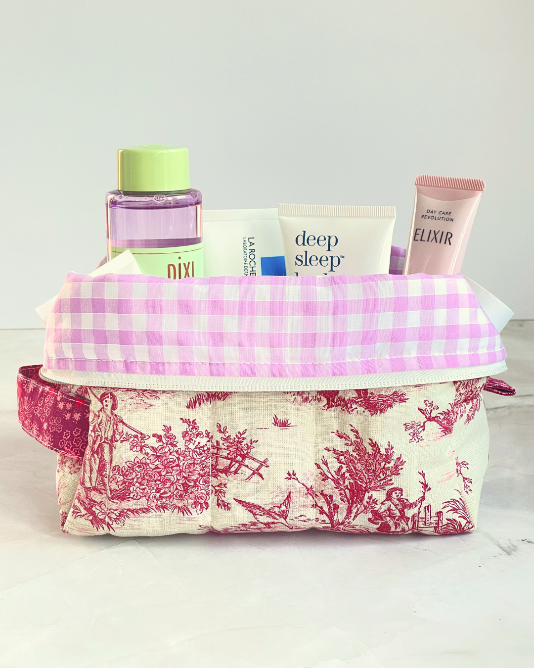 Red Toile de Jouy Travel Makeup Bag - Special Rose Gold Zipper - Handmade in England