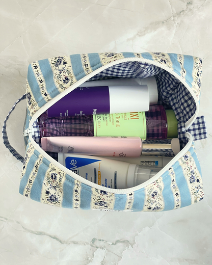 Sky Blue and Cream Vintage Floral Stripe Travel Makeup Bag - Premium Japanese Cotton