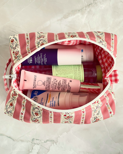 Coral Pink Vintage Floral Stripe Travel Makeup Bag — Premium Japanese Cotton — Handmade in England UK