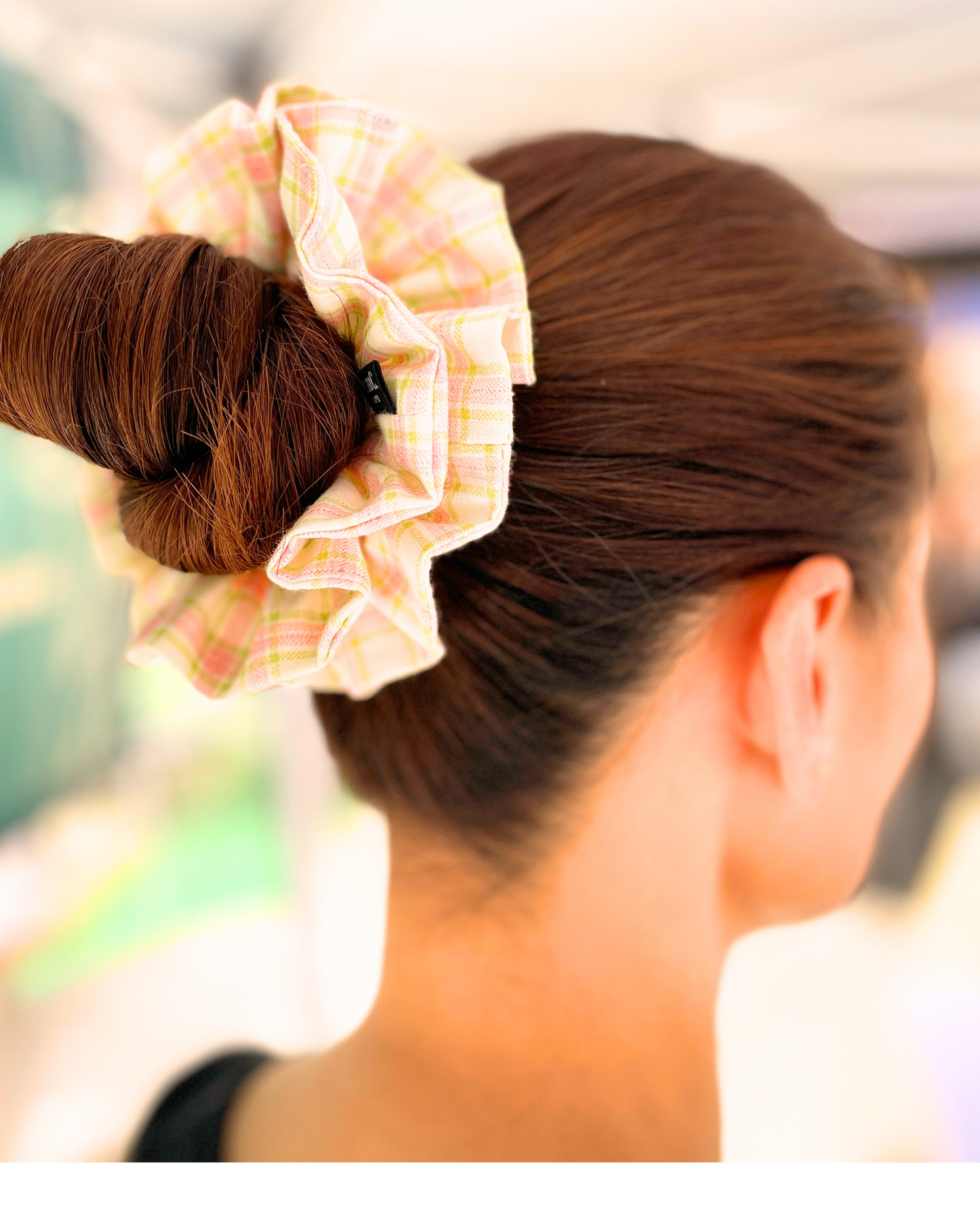 FLOWER by Luna C. in Creamy Yellow with Pink and Green Plaid Double Layer Scrunchie