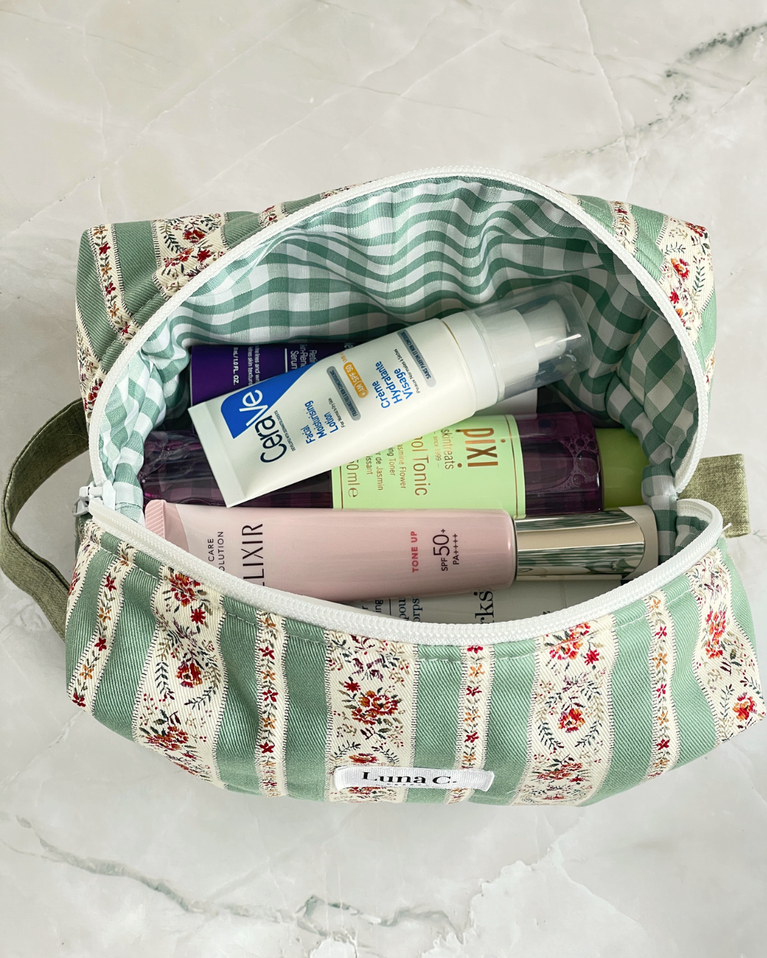Sage Green and Cream Vintage Floral Stripe Travel Makeup Bag - Premium Japanese Cotton