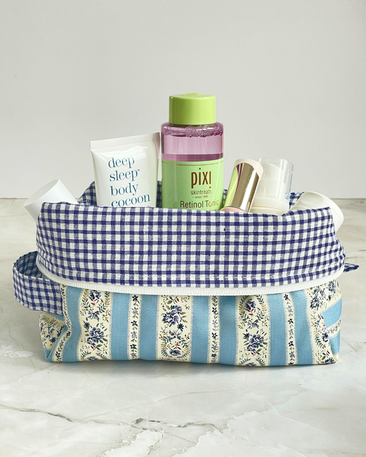 Sky Blue and Cream Vintage Floral Stripe Travel Makeup Bag - Premium Japanese Cotton
