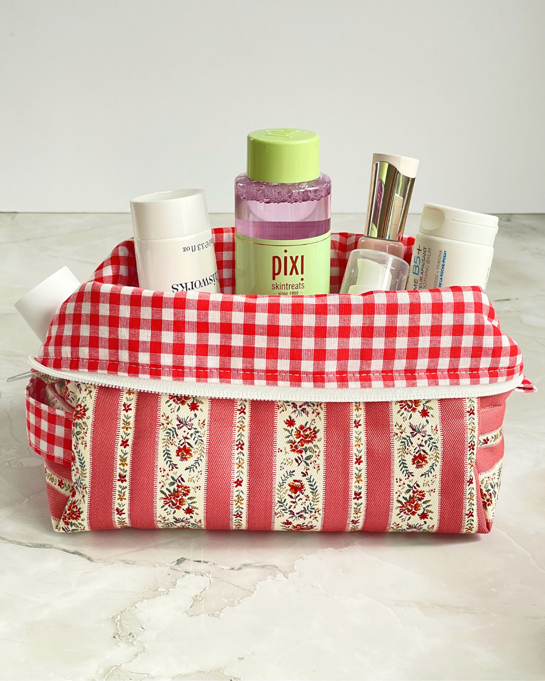 Coral Pink Vintage Floral Stripe Travel Makeup Bag — Premium Japanese Cotton — Handmade in England UK