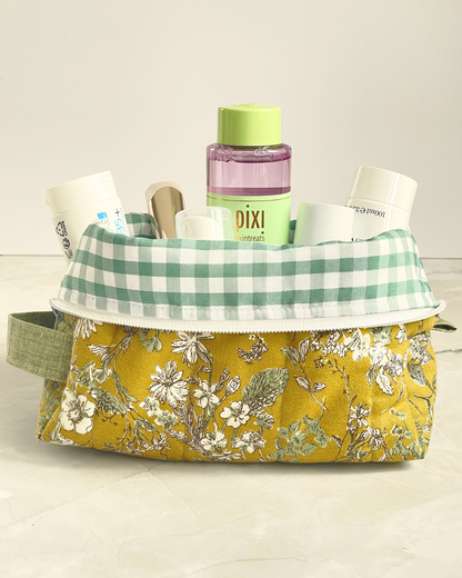 Mustard Yellow Wildflower Travel Makeup Bag - Premium Japanese Cotton