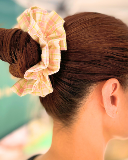 FLOWER by Luna C. in Creamy Yellow with Pink and Green Plaid Double Layer Scrunchie
