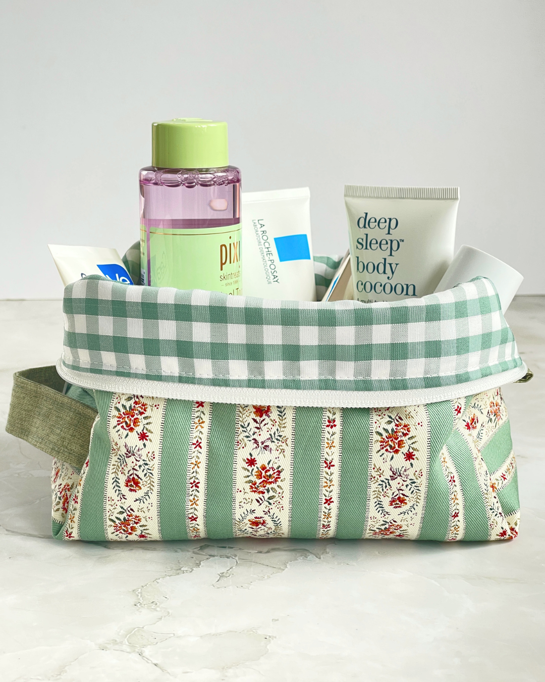 Sage Green and Cream Vintage Floral Stripe Travel Makeup Bag - Premium Japanese Cotton