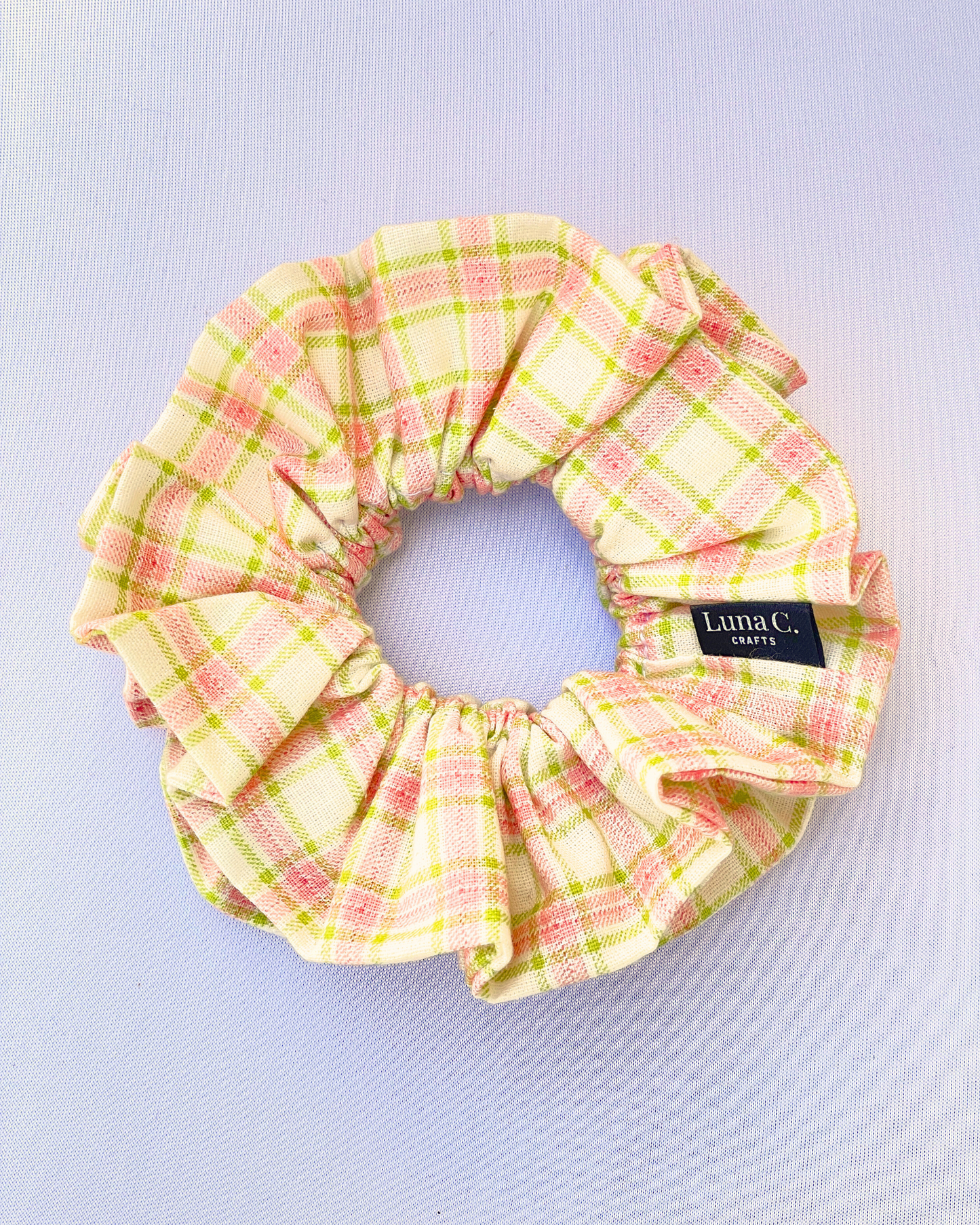 FLOWER by Luna C. in Creamy Yellow with Pink and Green Plaid Double Layer Scrunchie