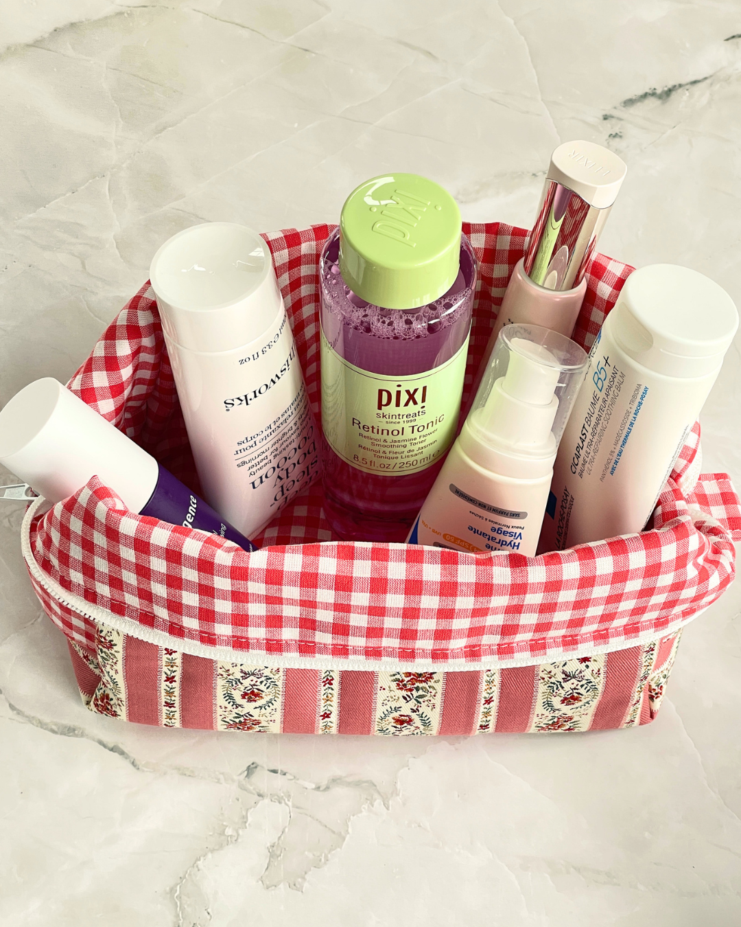 Coral Pink Vintage Floral Stripe Travel Makeup Bag — Premium Japanese Cotton — Handmade in England UK