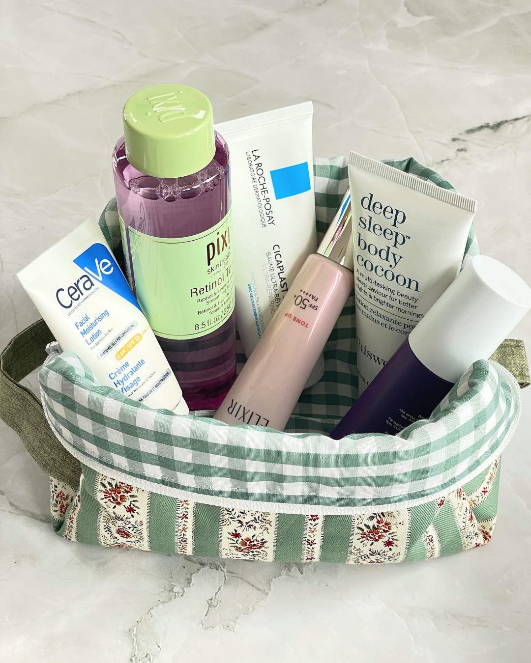 Sage Green and Cream Vintage Floral Stripe Travel Makeup Bag - Premium Japanese Cotton