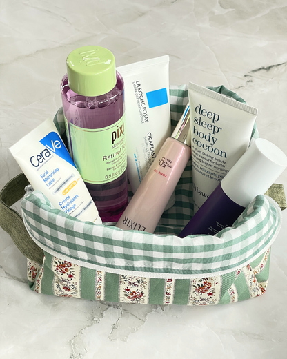 Sage Green and Cream Vintage Floral Stripe Travel Makeup Bag - Premium Japanese Cotton