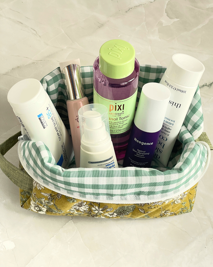 Mustard Yellow Wildflower Travel Makeup Bag - Premium Japanese Cotton