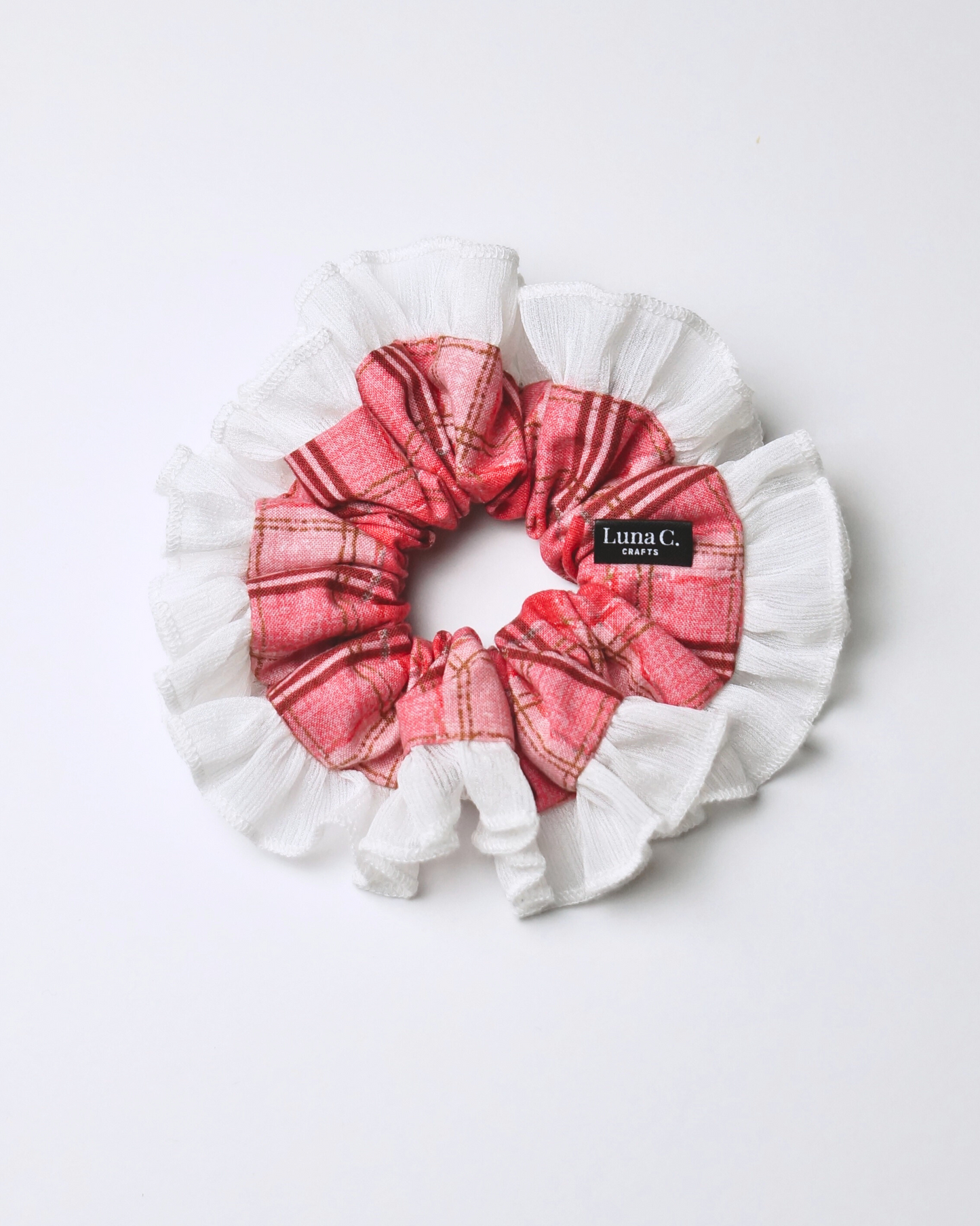 Red and White Plaid with White Ruffle Scrunchie