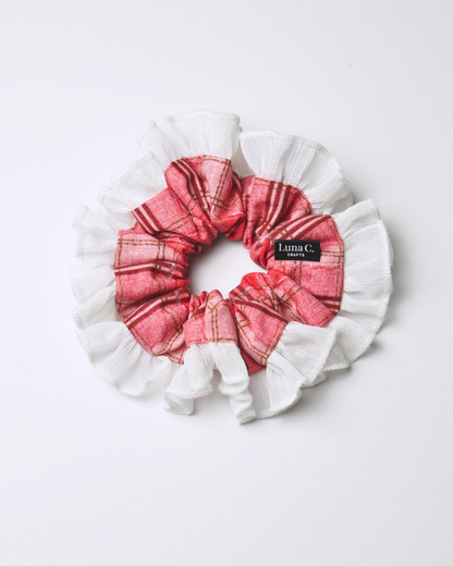 Red and White Plaid with White Ruffle Scrunchie