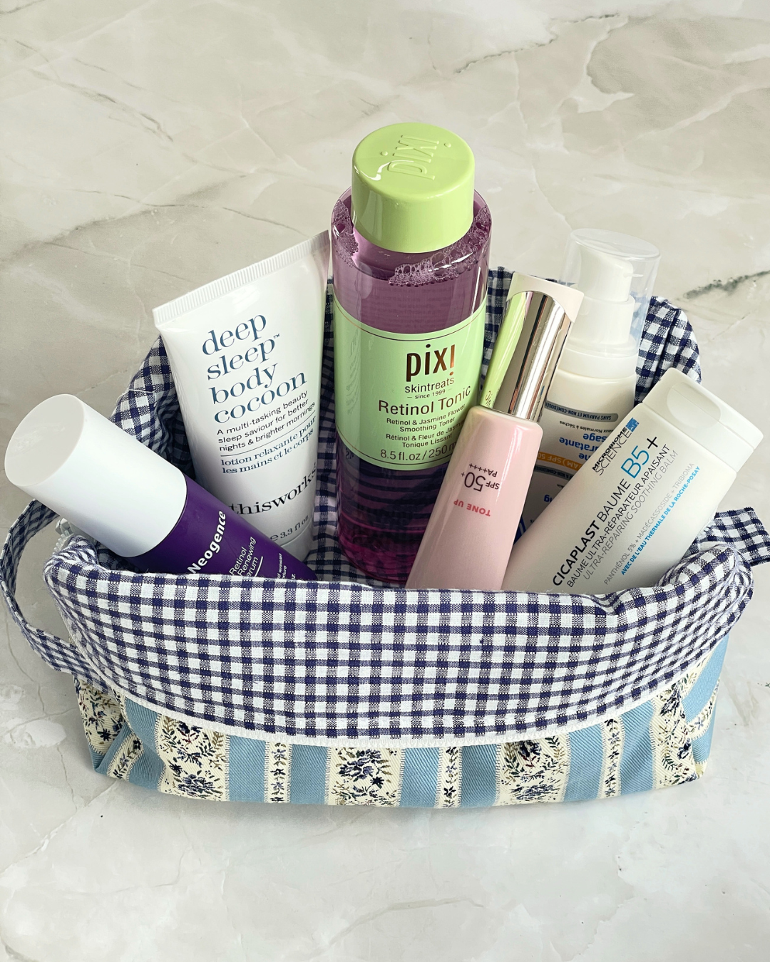 Sky Blue and Cream Vintage Floral Stripe Travel Makeup Bag - Premium Japanese Cotton