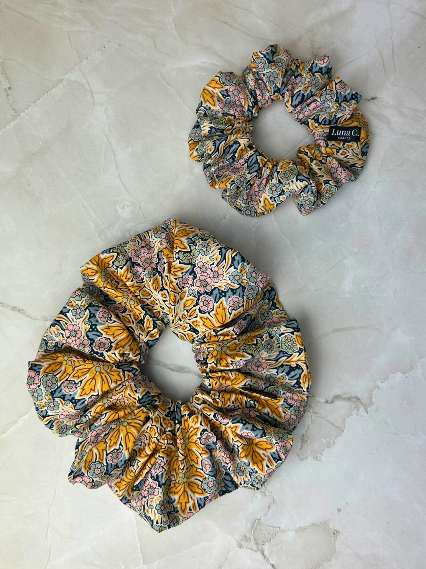 Yellow Leaf and Blue Pink Floral Print Scrunchie