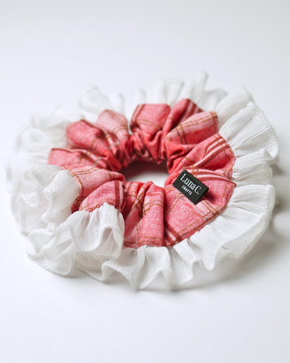 Red and White Plaid with White Ruffle Scrunchie