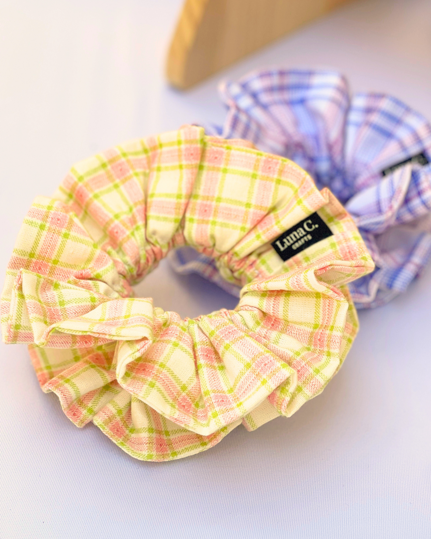 FLOWER by Luna C. in Creamy Yellow with Pink and Green Plaid Double Layer Scrunchie