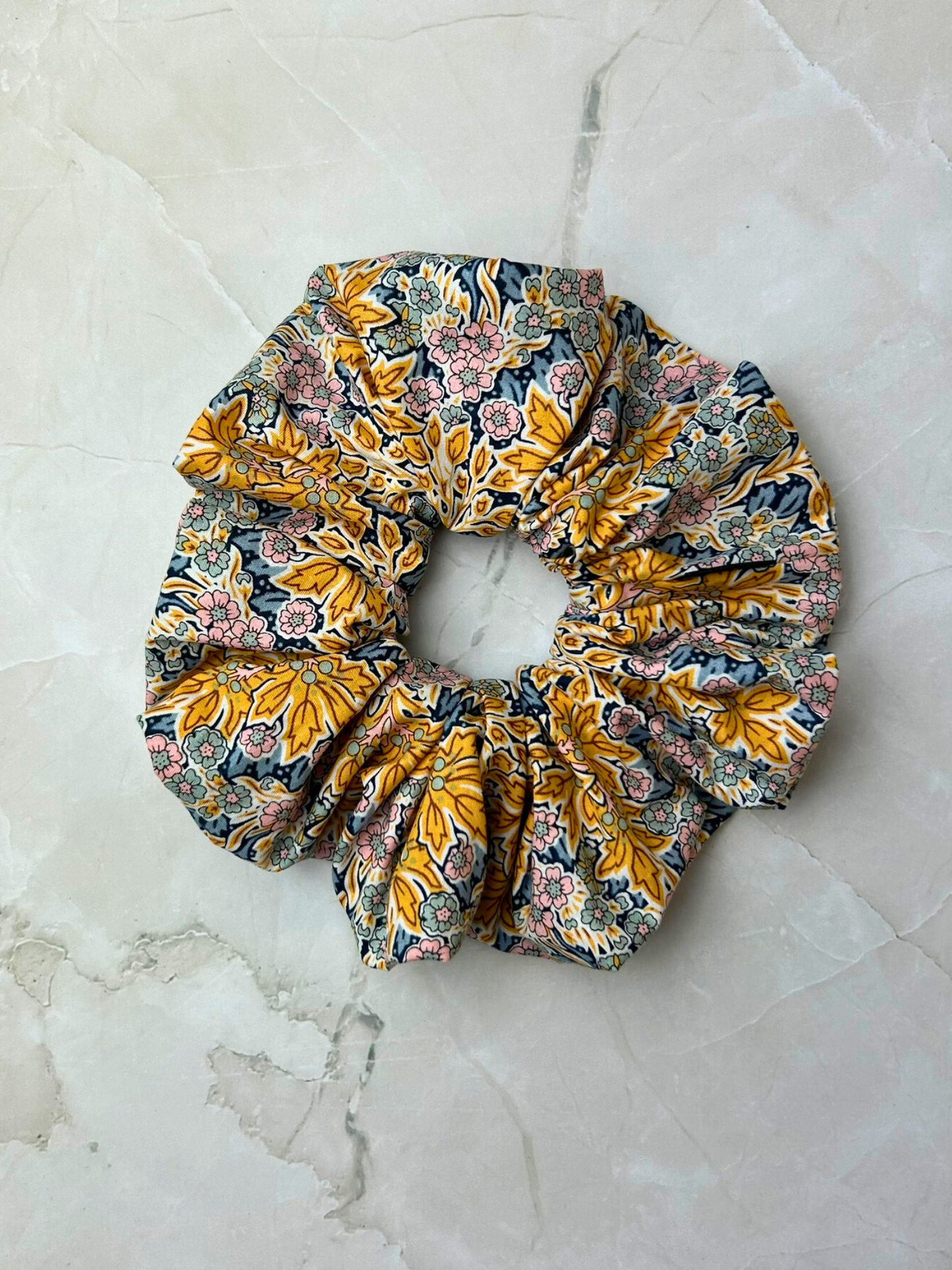 Yellow Leaf and Blue Pink Floral Print Scrunchie