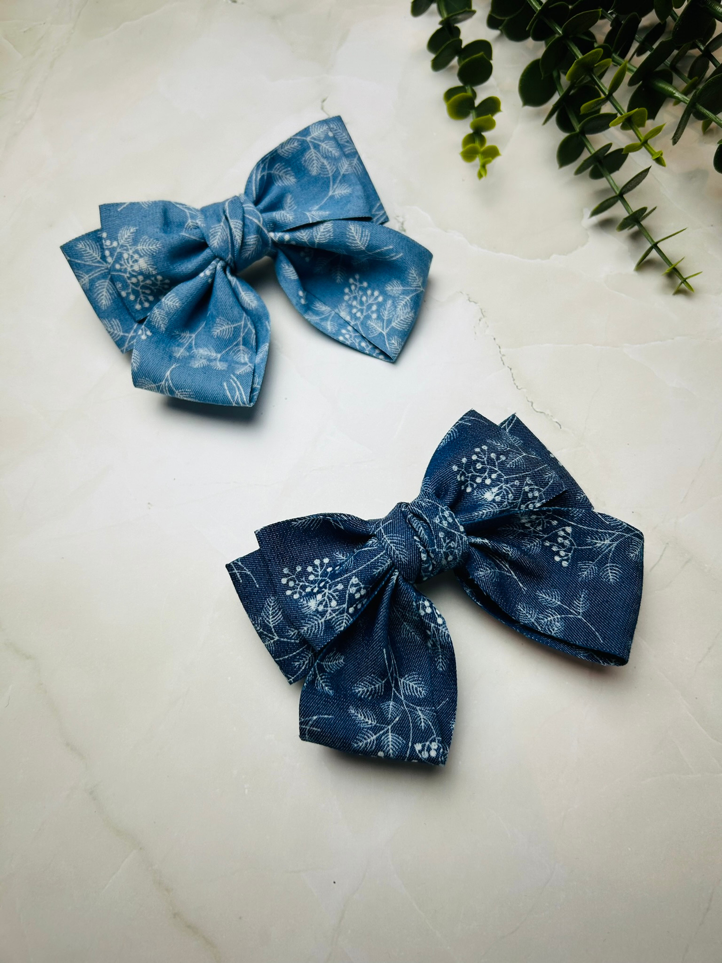 Denim Floral Print Hairbow Clips