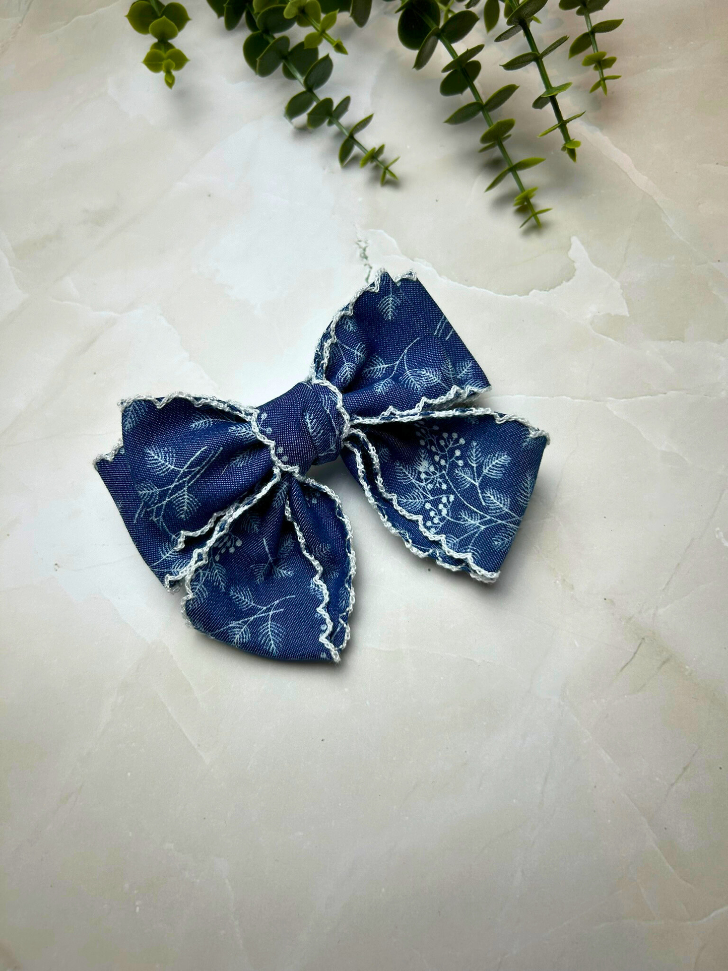 Denim Floral Print Hairbow Clip with White Edge