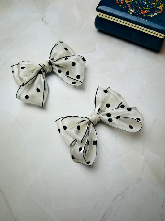 White and Black Dot Hairbow Clips