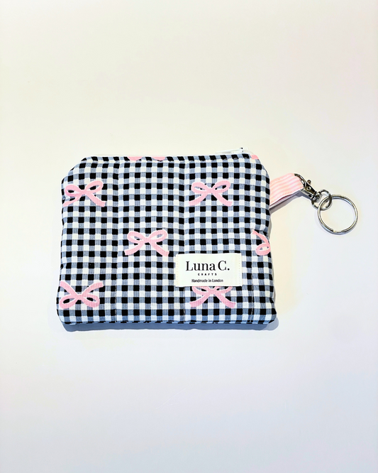 Black and White Gingham with Pink Flying Bows Keychain Wallet