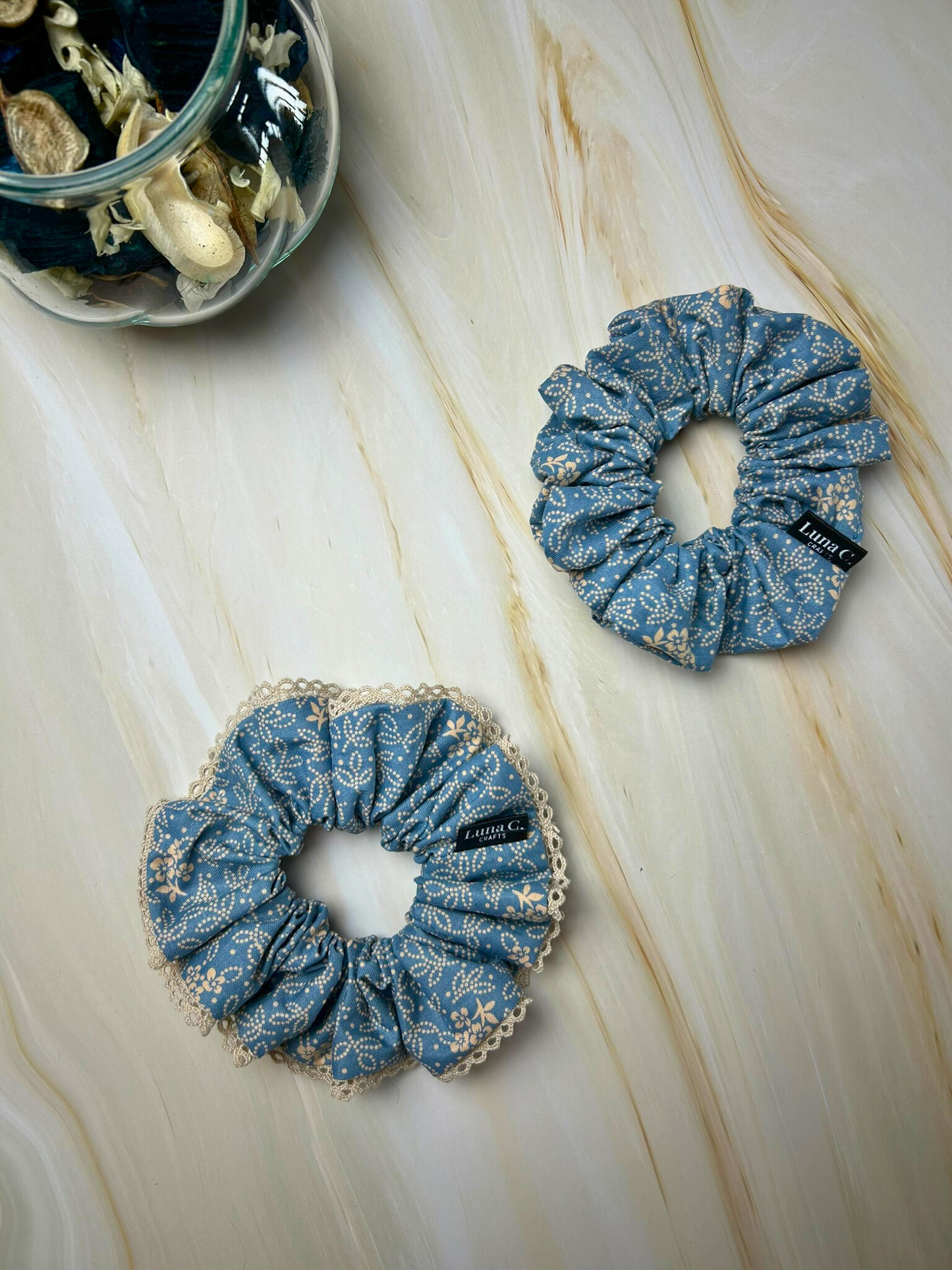 Light Blue Floral Print Regular Size Scrunchie