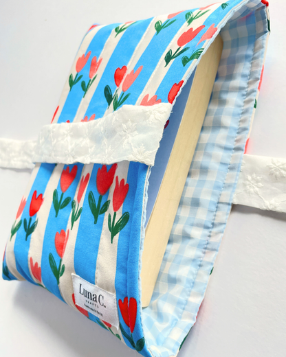 Blue Striped Book Sleeve with White Broderie Anglaise Ribbon Tie