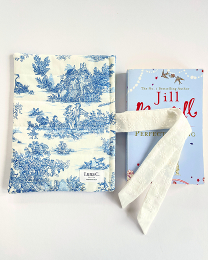 Blue Toile de Jouy Book Sleeve with White Broderie Anglaise  Ribbon Tie