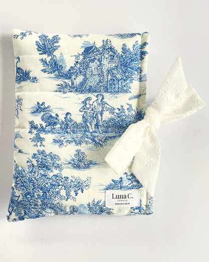 Blue Toile de Jouy Book Sleeve with White Broderie Anglaise  Ribbon Tie