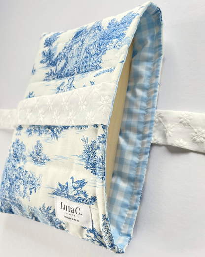 Blue Toile de Jouy Book Sleeve with White Broderie Anglaise  Ribbon Tie