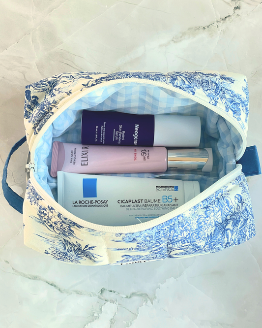 Blue Toile de Jouy Travel Makeup Bag