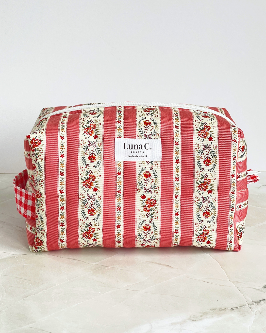 Coral Pink Vintage Floral Stripe Travel Makeup Bag — Premium Japanese Cotton — Handmade in England UK