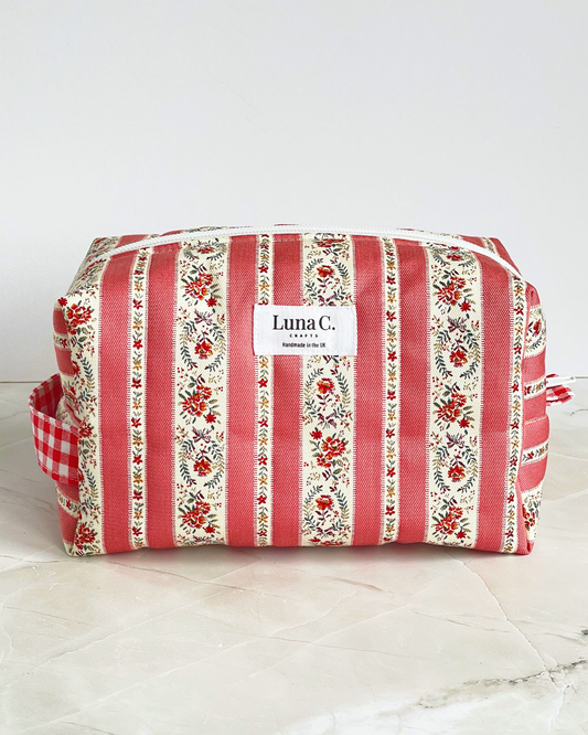 Coral Pink Vintage Floral Stripe Travel Makeup Bag — Premium Japanese Cotton — Handmade in England UK