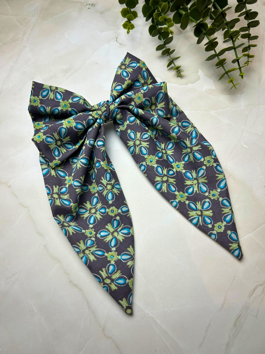 Grey and Green Floral Print Large Size Bow Hair Clips