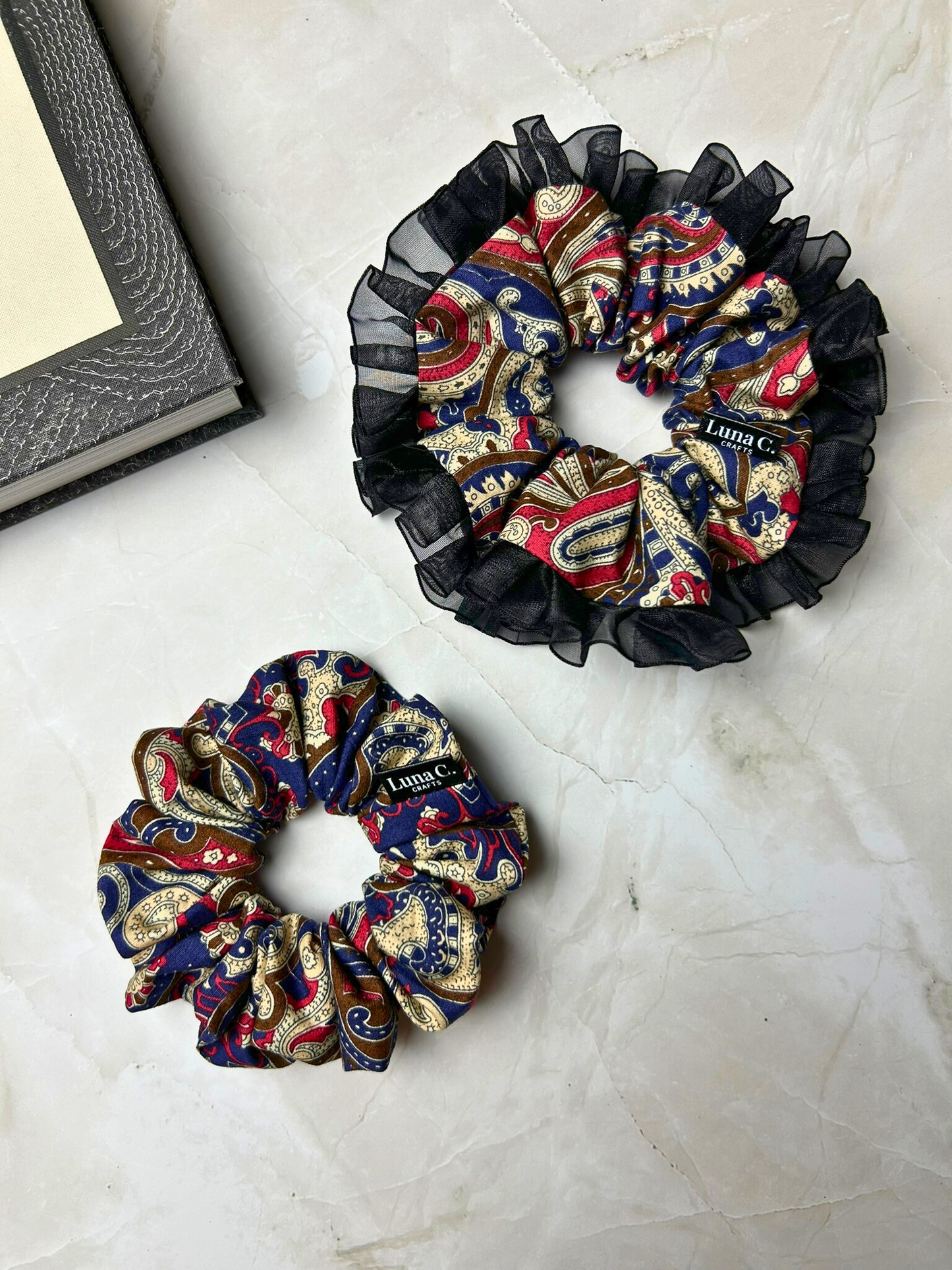 Navy Blue and Red Paisley Print Regular Size Scrunchie