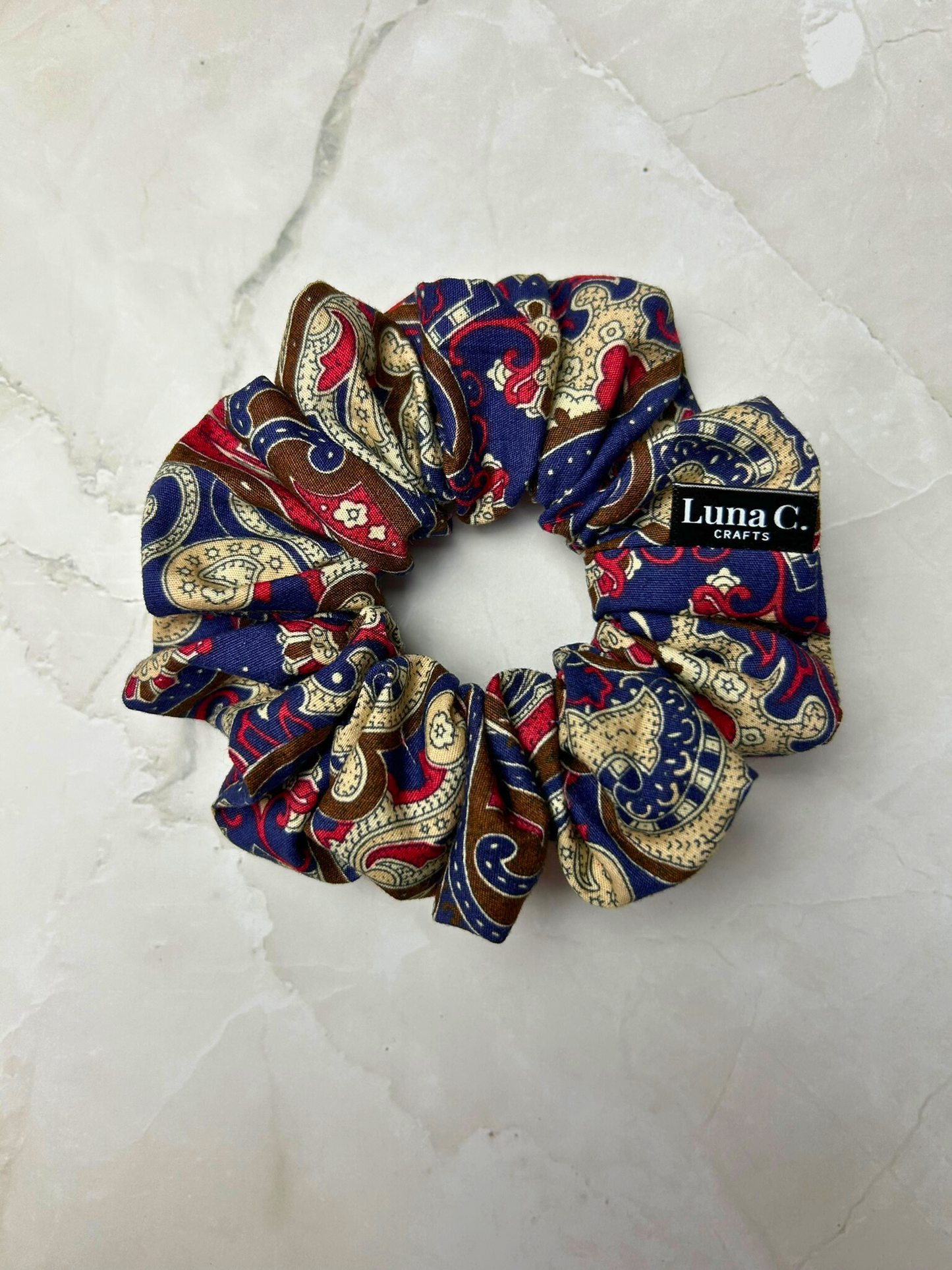 Navy Blue and Red Paisley Print Regular Size Scrunchie