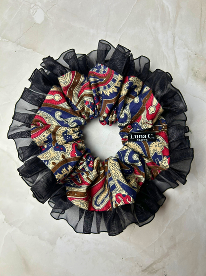 Navy Blue and Red Paisley Print Regular Size Scrunchie