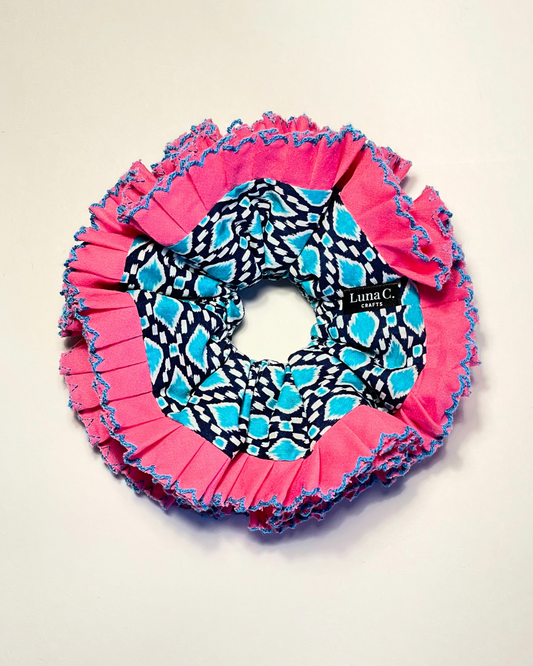 FLOWER by Luna C. Summer Bloom Aqua Blue Abstract Hot Pink Double-Layer Ruffle Scrunchie