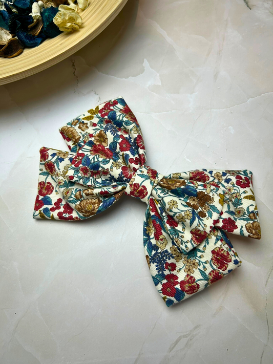 Vintage Red Floral Print Bow Hair Clips