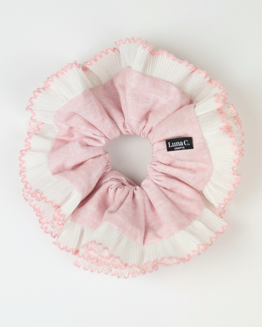 FLOWER by Luna C. Bride-to-Be Edition Double Layer White Ruffles in Cherry Blossom Pink Scrunchie