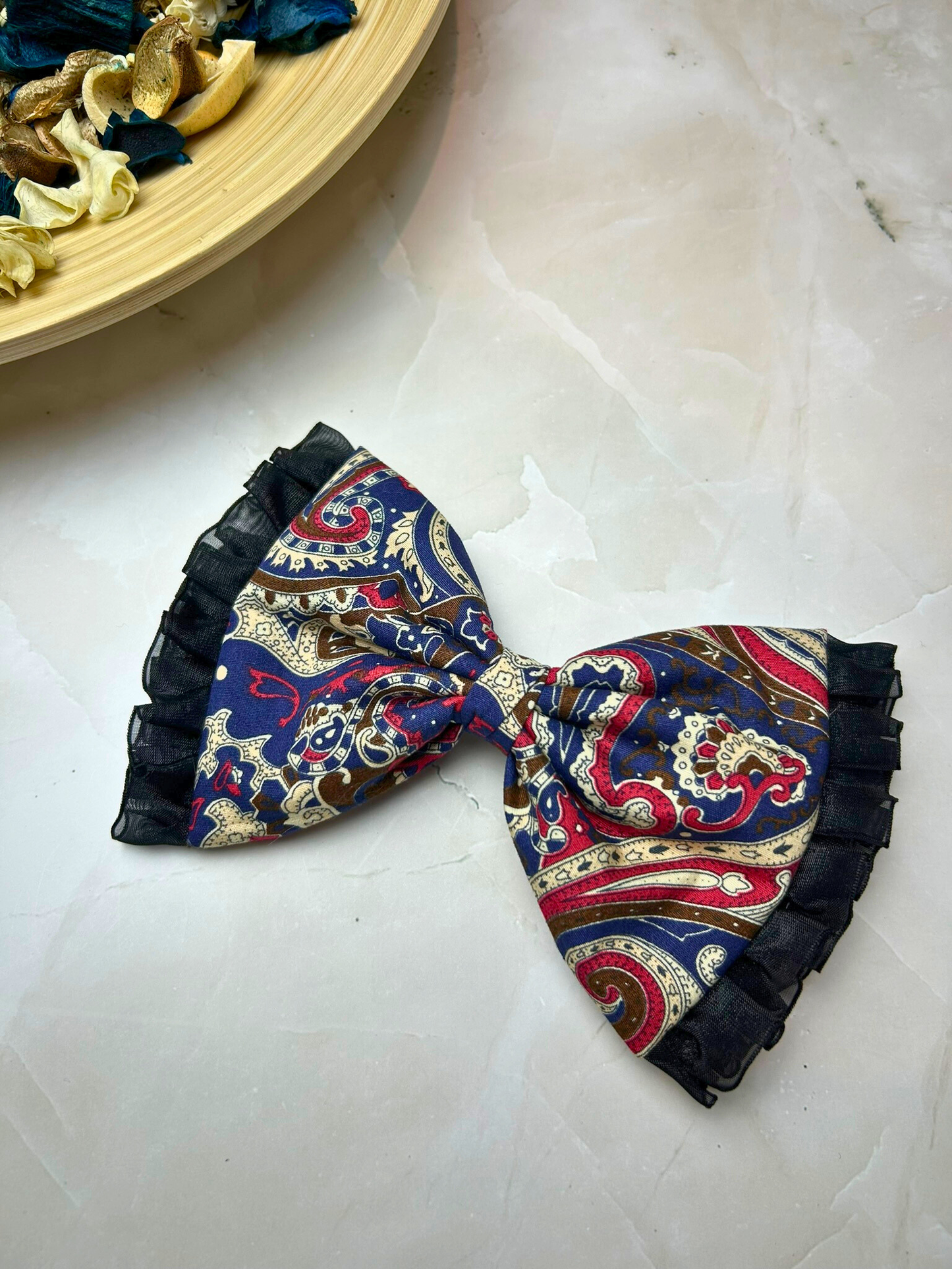 Navy Blue and Red Paisley Print Lace Bow Hair Clips