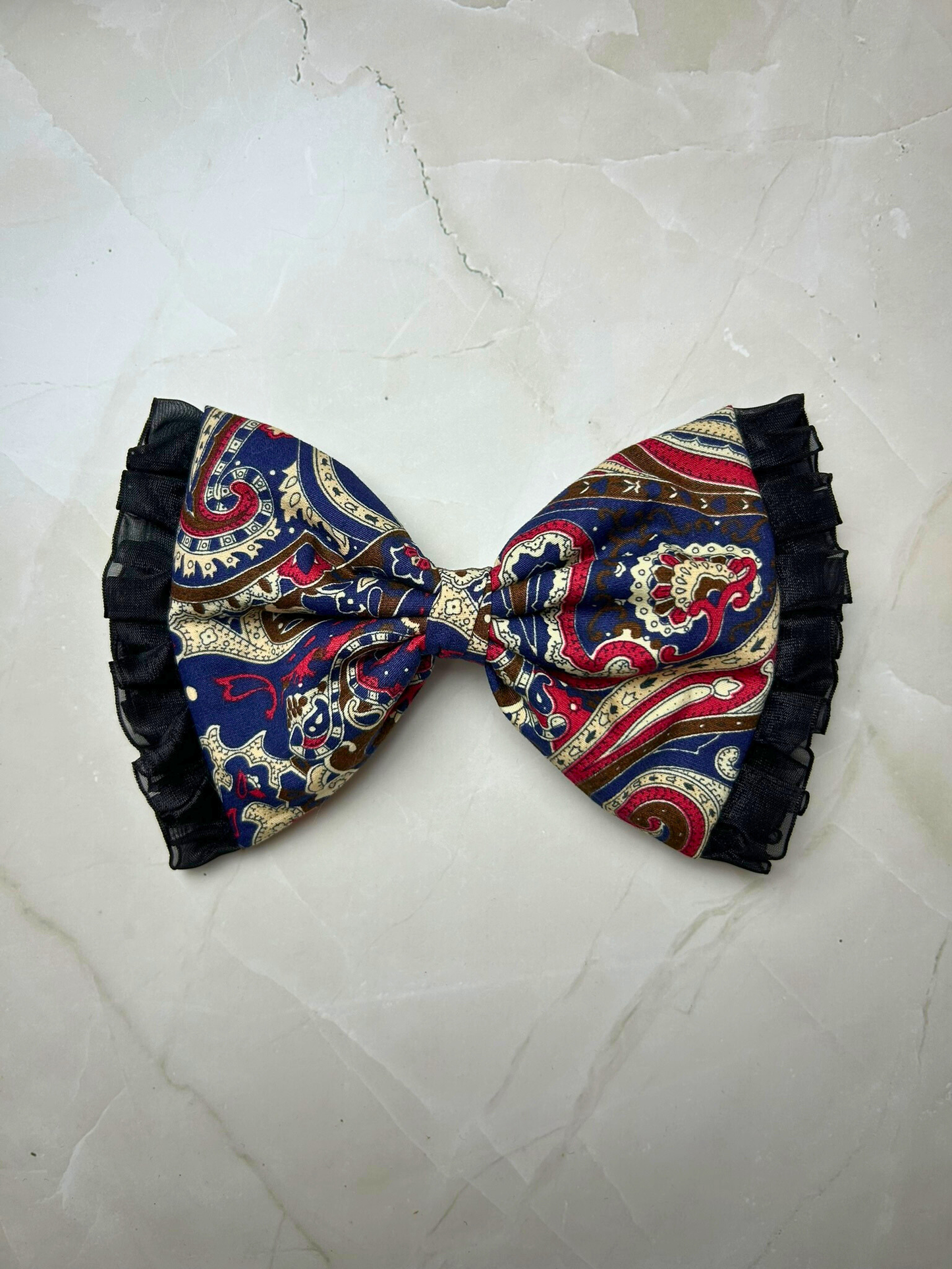 Navy Blue and Red Paisley Print Lace Bow Hair Clips