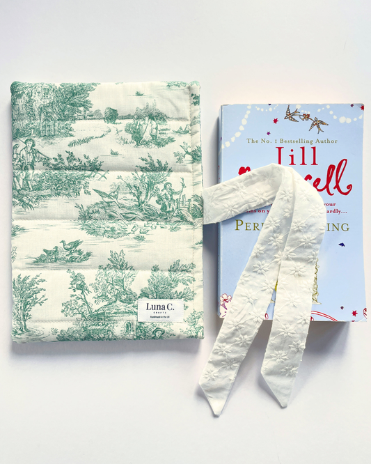 Green Toile de Jouy Book Sleeve  with White Broderie Anglaise Ribbon Tie