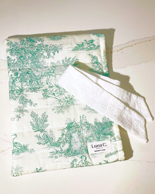Green Toile de Jouy Ribbon-Tied Book Sleeve